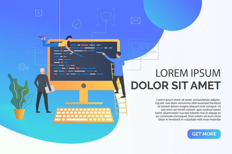 Vector gratuito página de diapositivas con personas que escriben código web ilustración