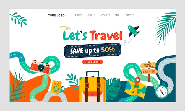 Vector gratuito página de inicio de agencia de viajes dibujada a mano con hojas