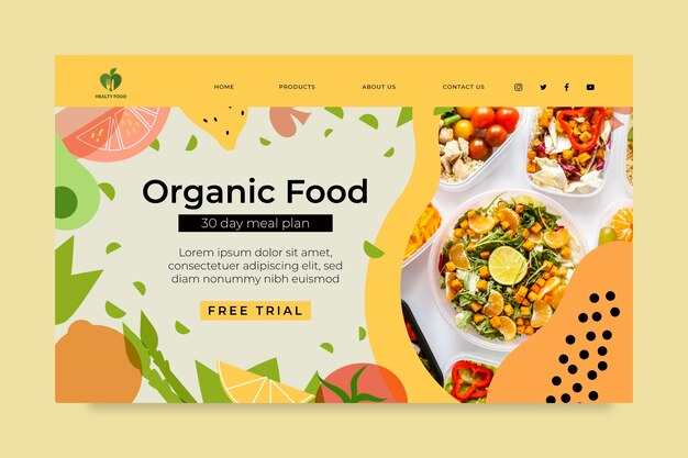 Página de inicio de alimentos bio y saludables con foto