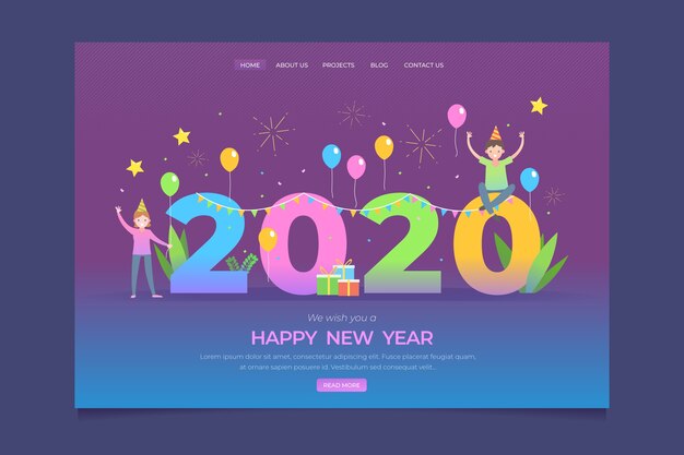 Página de inicio de año nuevo en diseño plano