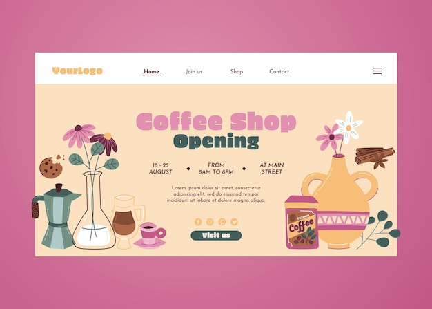 Página de inicio de apertura de cafetería colorida dibujada a mano