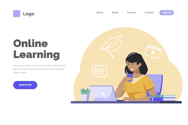 Vector gratuito página de inicio de aprendizaje en línea detallada