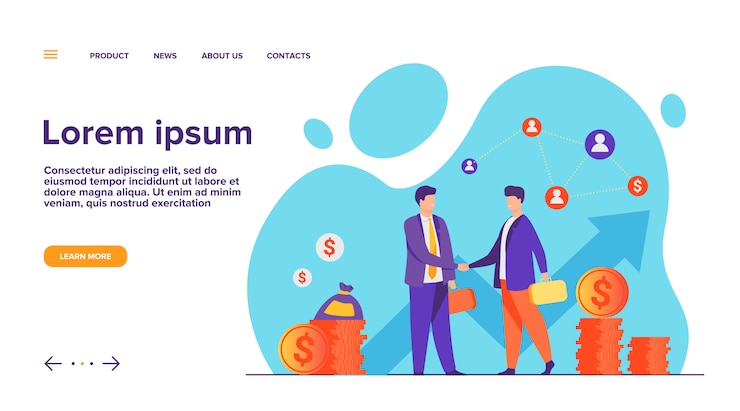 Vector gratuito página de inicio de apretón de manos de dos socios comerciales