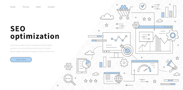 Página de inicio de arte de línea de optimización SEO, concepto de negocio abstracto con iconos de fideos. Diagrama de marketing, lupa y objetivo con flecha, altavoz, engranajes, escritorio y gráficos de PC, banner web vectorial