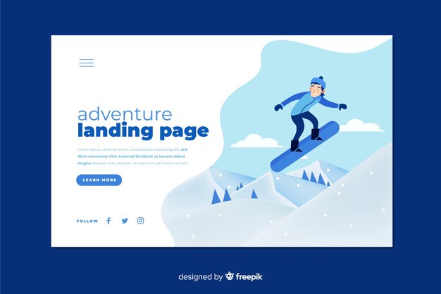 Página de inicio de aventura con snowboard
