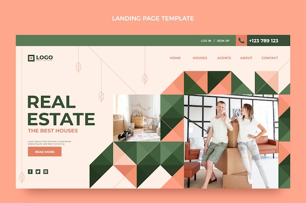 Vector gratuito página de inicio de bienes raíces geométricas de diseño plano