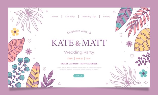 Vector gratuito página de inicio de boda boho dibujada a mano