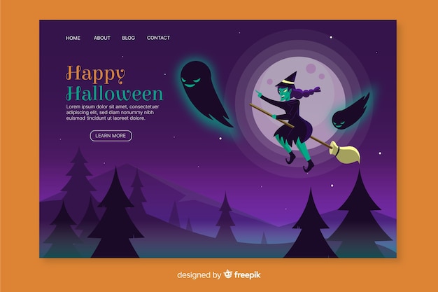 Vector gratuito página de inicio de bruja de halloween plana