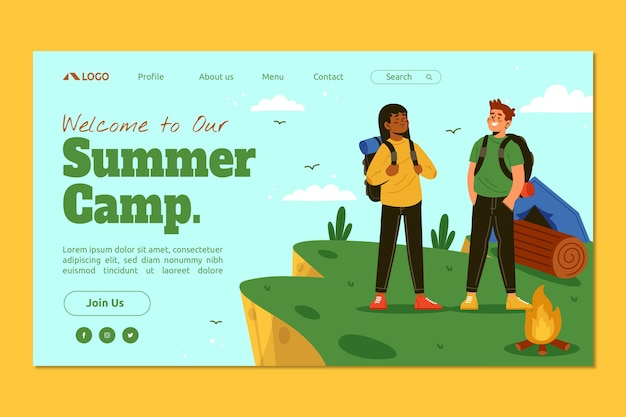 Vector gratuito página de inicio del campamento de verano dibujada a mano