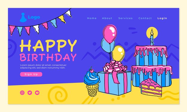 Página de inicio de celebración de cumpleaños dibujada a mano