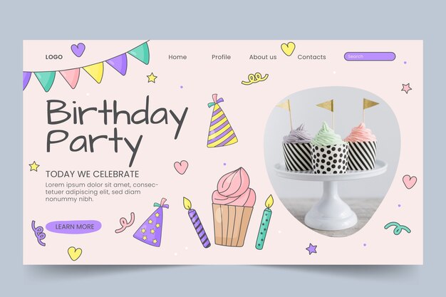 Página de inicio de celebración de cumpleaños dibujada a mano