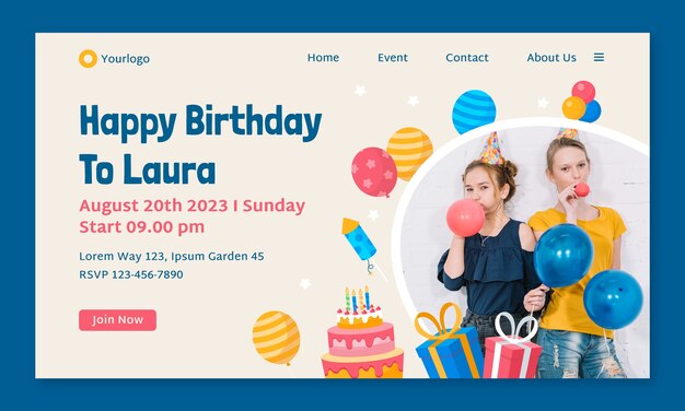 Página de inicio de celebración de cumpleaños de diseño plano