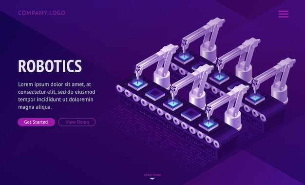 Vector gratuito página de inicio de la cinta transportadora de fábrica. brazos robóticos.