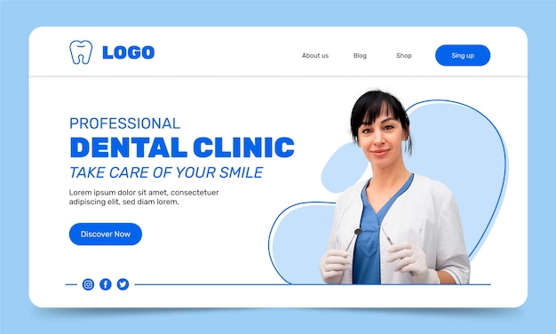 Página de inicio de clínica dental mínima de diseño plano