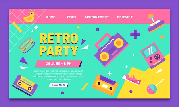 Página de inicio colorida de la fiesta de los 90 de diseño plano