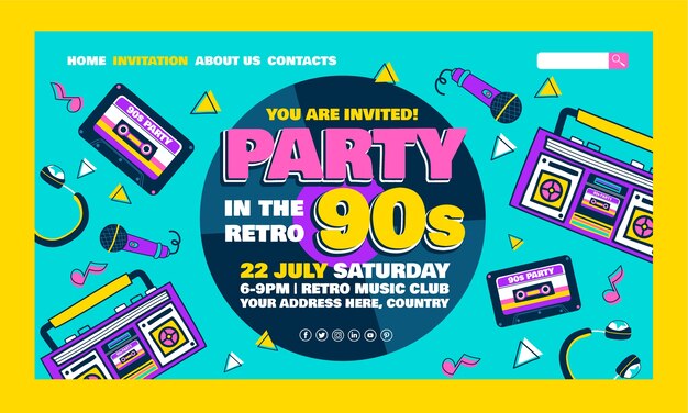 Página de inicio colorida de la fiesta de los 90 de diseño plano