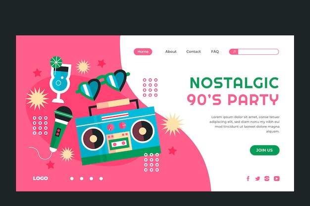 Página de inicio colorida de la fiesta de los 90 de diseño plano