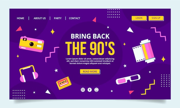 Página de inicio colorida de la fiesta de los 90 de diseño plano