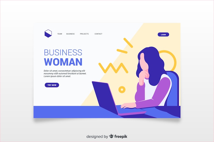 Vector gratuito página de inicio colorida con ilustración de mujer de negocios
