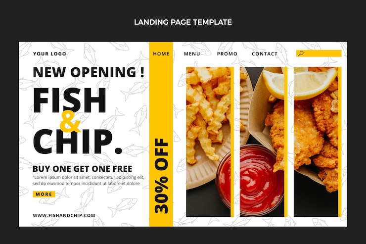 Vector gratuito página de inicio de comida de pescado y patatas fritas de diseño plano