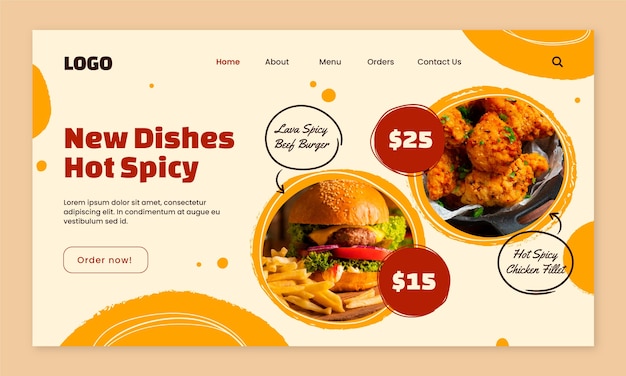 Página de inicio de comida rápida dibujada a mano
