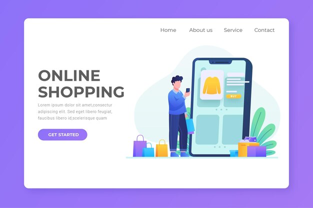 Página de inicio de compras en línea de diseño plano con hombre