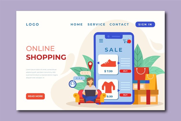 Página de inicio de compras en línea en diseño plano