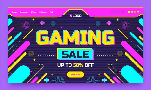 Página de inicio de configuración de juegos de neón de diseño plano