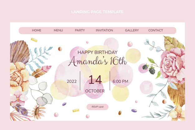 Página de inicio de cumpleaños de acuarela boho