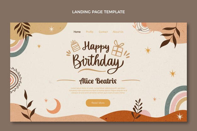 Página de inicio de cumpleaños boho dibujada a mano