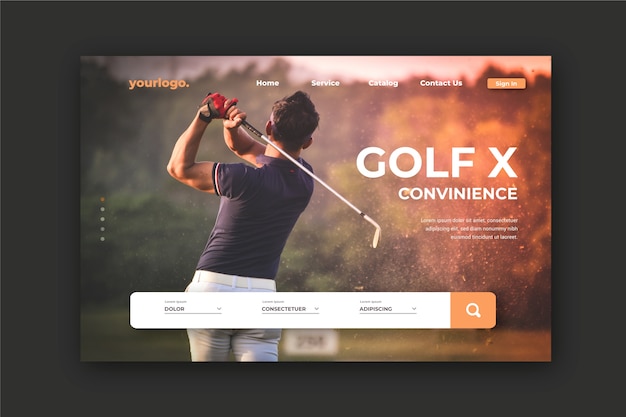 Vector gratuito página de inicio de deporte con foto del hombre jugando al golf