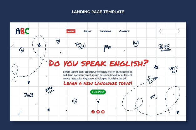 Página de inicio dibujada a mano para lecciones de aprendizaje de inglés
