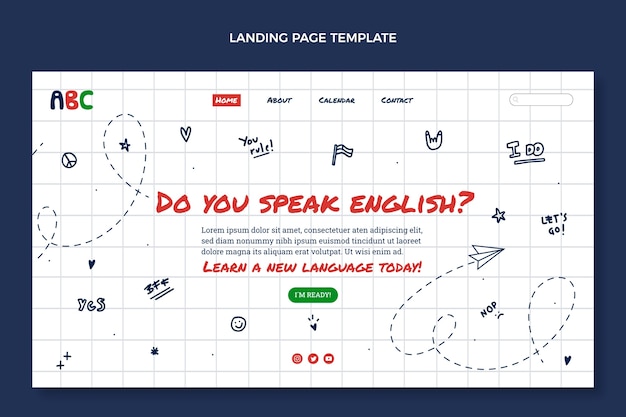 Página de inicio dibujada a mano para lecciones de aprendizaje de inglés