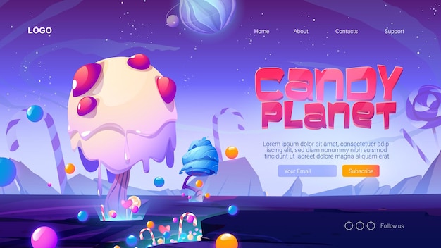 Página de inicio de dibujos animados de Candy Planet con árboles extraterrestres de fantasía y dulces, paisaje mágico inusual de naturaleza para juegos de computadora