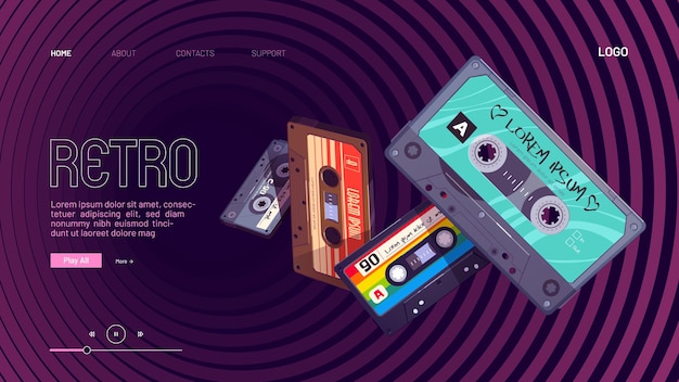 Página de inicio de dibujos animados de mixtapes retro con cintas de mezcla de audio que caen en un patrón hipnótico