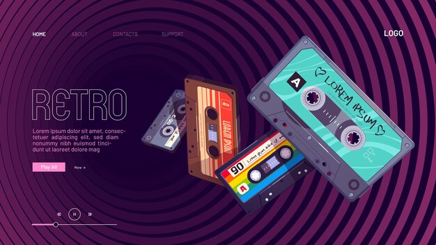 Página de inicio de dibujos animados de mixtapes retro con cintas de mezcla de audio que caen en un patrón hipnótico