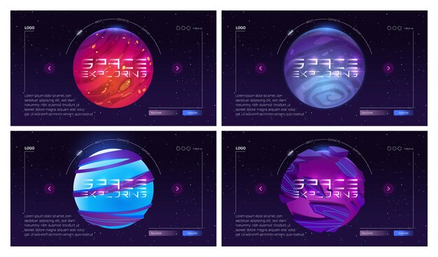 Página de inicio de dibujos animados de viajes de galaxias con planetas en el espacio exterior objetos cósmicos en el oscuro cielo estrellado cosmos y exploración del universo aventura viaje científico fantasía futurista banner web