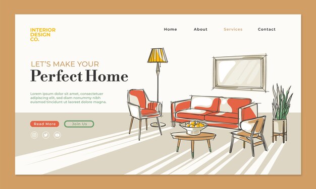 Página de inicio de diseño de interiores dibujada a mano