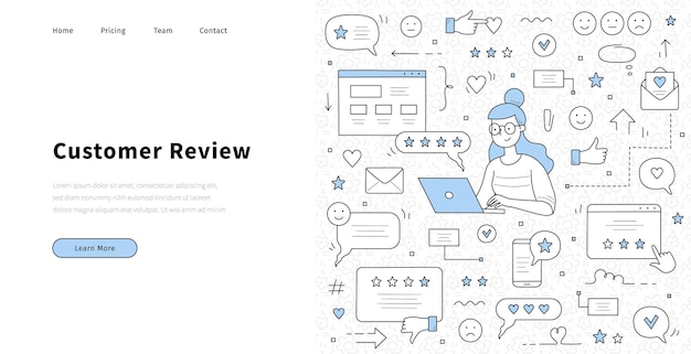 Vector gratuito página de inicio de doodle de vector de calificación de revisión de cliente