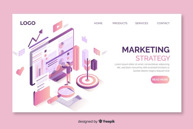 Página de inicio de enfoque de marketing isométrico