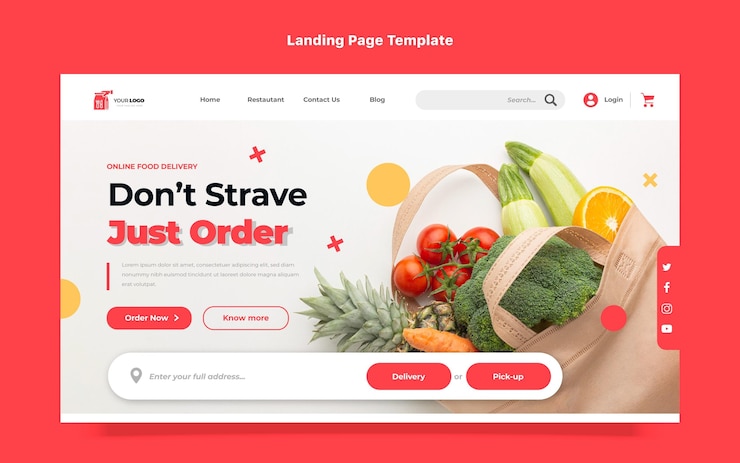 Vector gratuito página de inicio de entrega de comida de diseño plano