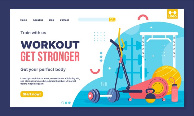 Página de inicio de entrenamiento de gimnasio de diseño plano