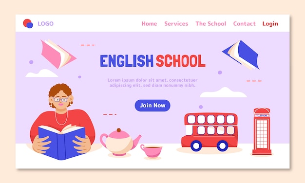 Vector gratuito página de inicio de la escuela de inglés plana dibujada a mano