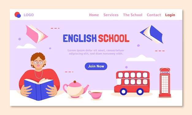 Página de inicio de la escuela de inglés plana dibujada a mano