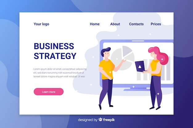 Vector gratuito página de inicio de estrategia empresarial con análisis de personajes