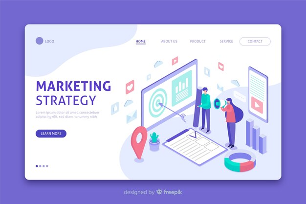 Página de inicio de estrategia de marketing en diseño isométrico