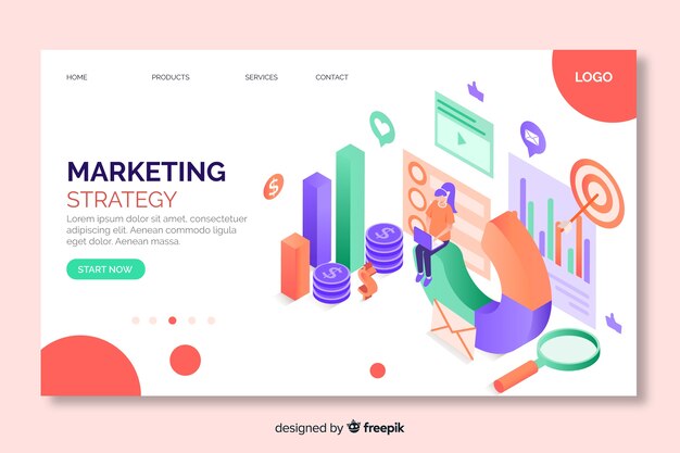 Página de inicio de estrategia de marketing isométrica