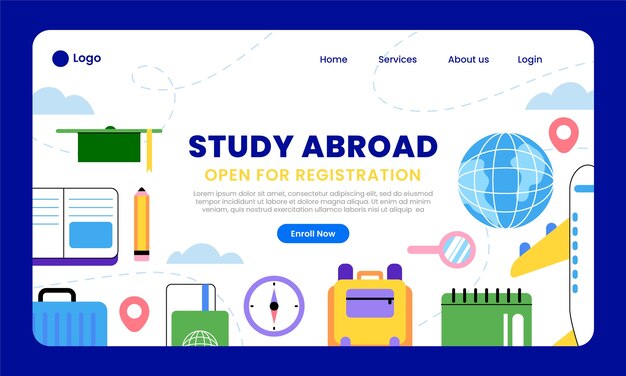 Página de inicio de estudio de diseño plano en el extranjero