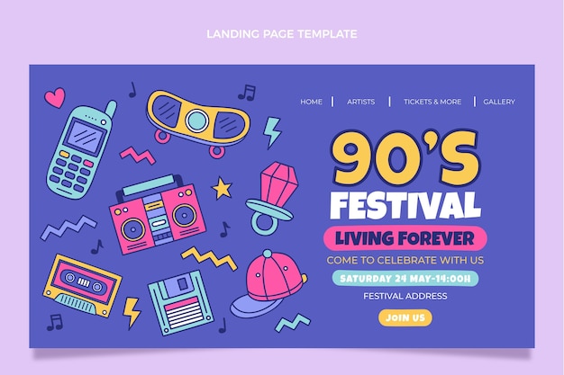 Vector gratuito página de inicio del festival de música de los 90 dibujada a mano