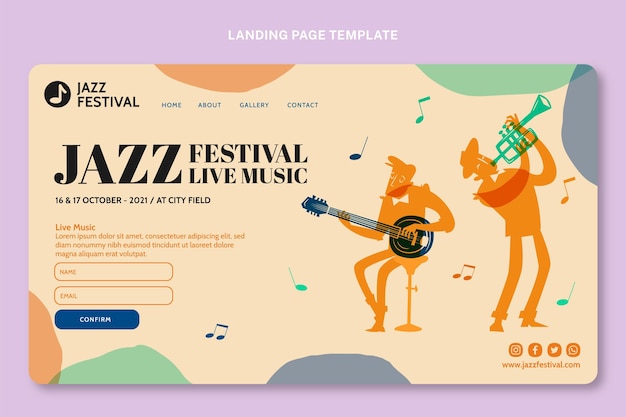 Vector gratuito página de inicio de festival de música colorida dibujada a mano